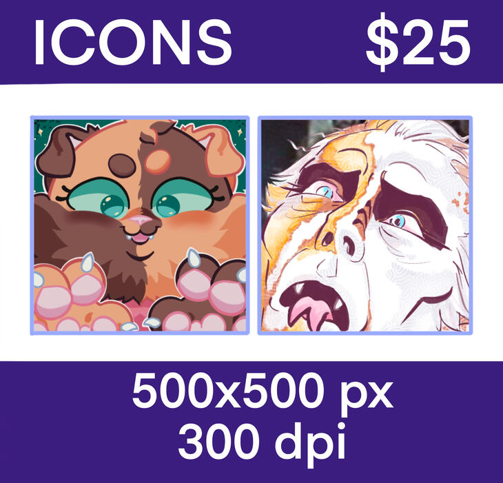 Price sheet for profile pic icons, priced at $25. Two different styles are demonstrated: cute and humorous. They are offered at 500x500 px at 300 dpi.