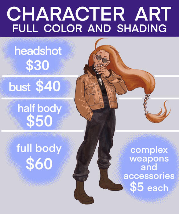 A price sheet featuring a long haired smoking figure with a diagram demonstrating what commissions are available: headshot $30; bust $40; half body $50; full body $60. Bottom right text: "complex weapons and accessories $5 each."